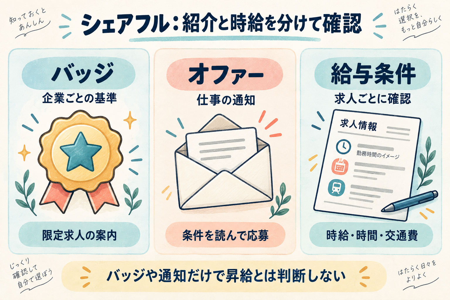 バッジは企業ごとの基準による限定求人の案内、オファーは仕事の通知、給与は求人ごとの時給・時間・交通費で確認するという違い
