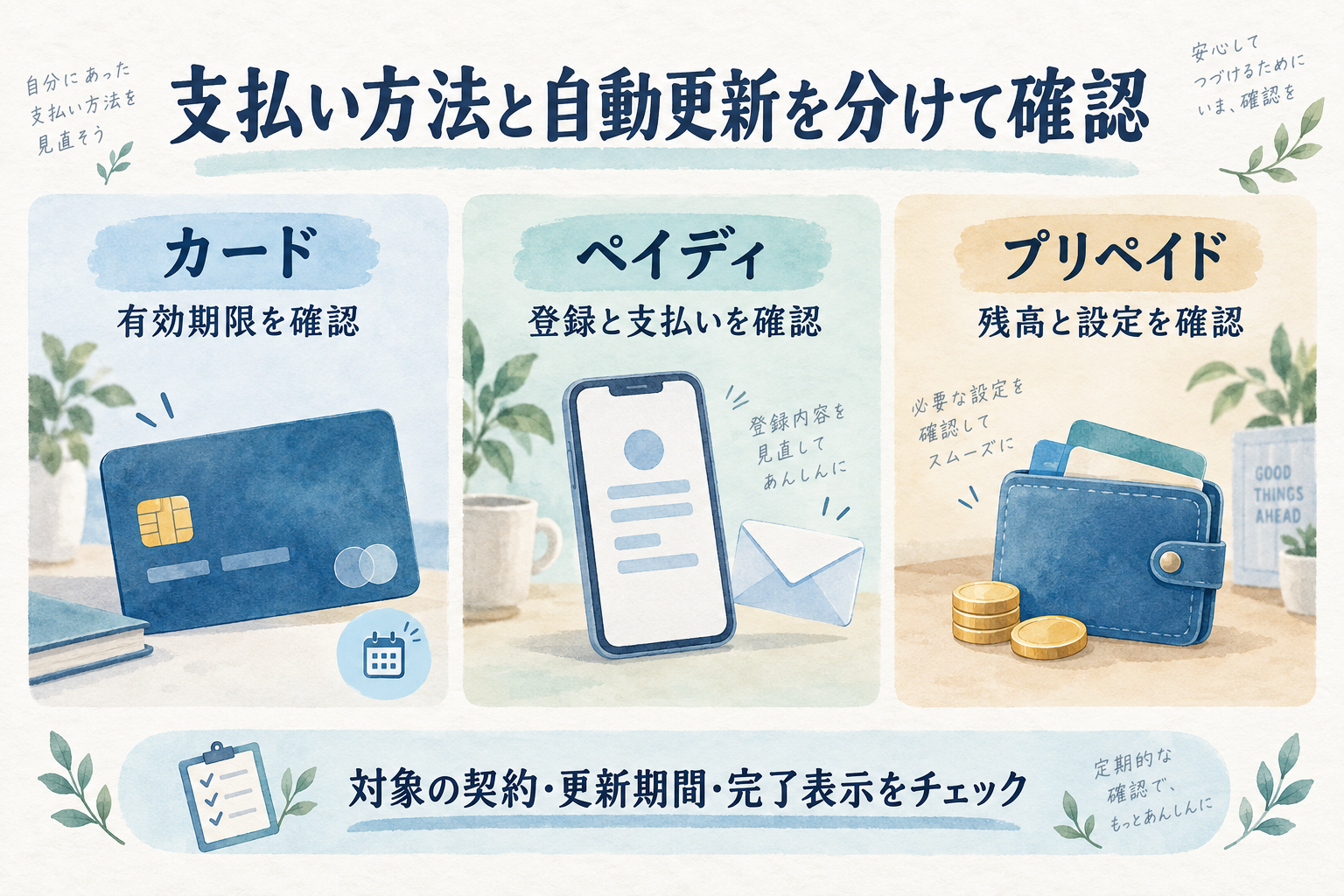 カードの有効期限、ペイディの登録と支払い、プリペイドの残高と設定を確認し、対象契約と更新期間を確かめる図