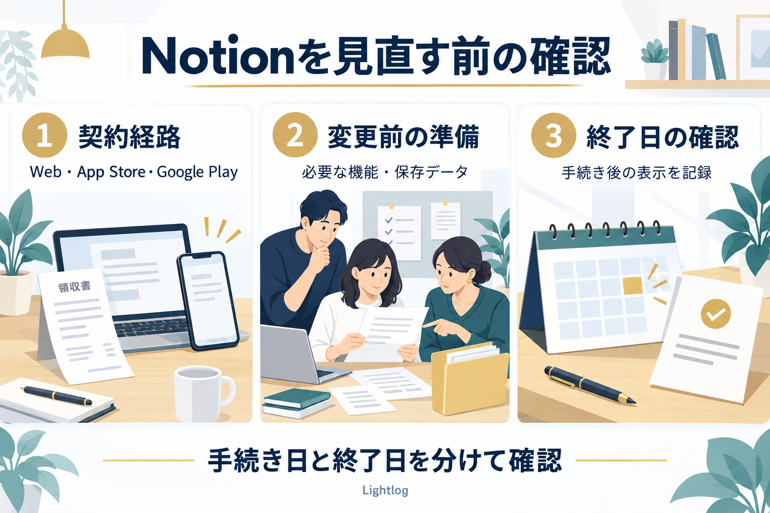 Notionのプランを見直す際に、契約経路、必要な機能と保存データ、手続き後の終了日を順に確認する3段階の図。