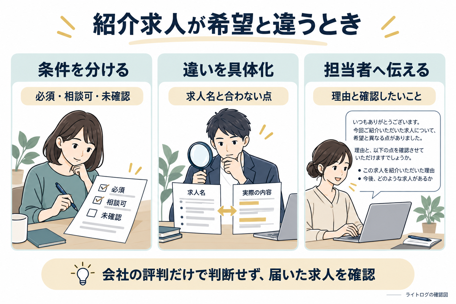 紹介求人が希望と違うときに、条件を必須・相談可・未確認に分け、求人との違いを具体化して担当者へ伝える3段階の確認図。